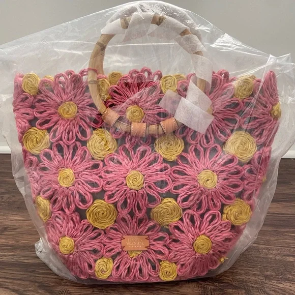 NWT Frances Valentine Flora Tote with Bamboo Handle and Pink & Yellow Flowers